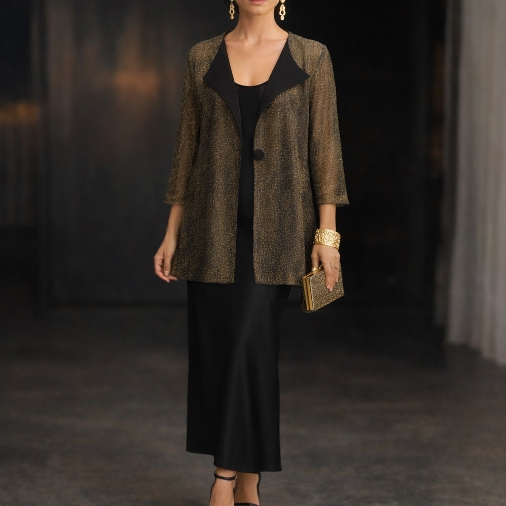 Damee Inc sheer gold black jacket cardigan pockets 3/4 sleeves evening S - Picture 9 of 9